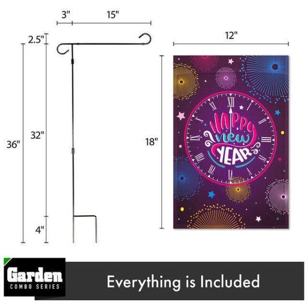G128 Combo Pack: Garden Flag Stand Black 36x16 Inch & Garden Flag Happy New Year Midnight Clock 12x18 Inch - Image 2