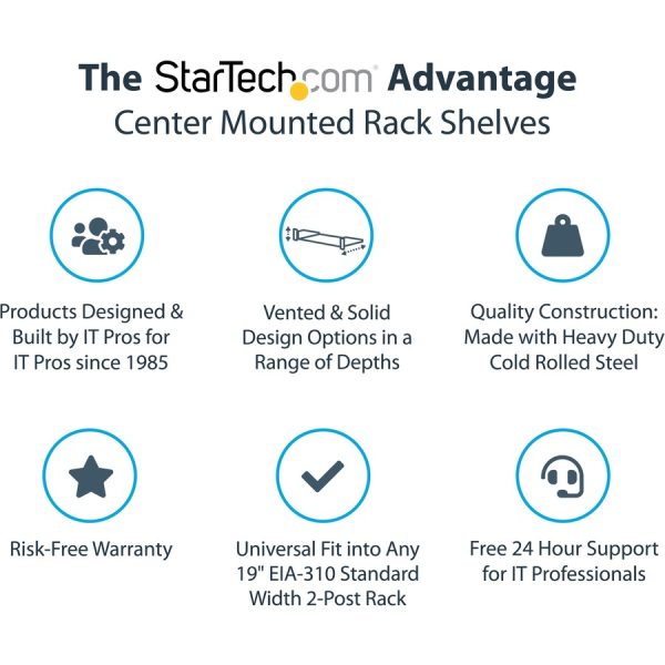 StarTech.com 2U 19" 2-Post Network Rack Shelf 20in Deep Center Mount Cantilever Tray Rackmount for AV/Data Equipment 75lb Capacity - Image 2