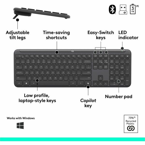 Logitech Signature Slim MK955 Combo for Business, Copilot Edition, Wireless Keyboard and Mouse, Graphite - Image 5