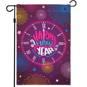 G128 - Happy New Year Garden Flag, New Year Themed Decorations - Clock Striking Midnight, | 12x18 Inch | Printed 150D Polyester - Rustic Holiday Seasonal Outdoor Flag