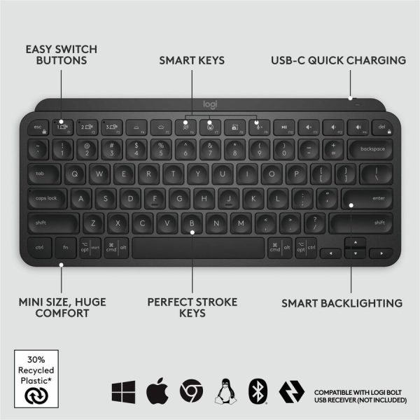 Logitech MX Keys Mini Minimalist Wireless Illuminated Keyboard, Compact, Bluetooth, Backlit, USB-C, Black - Image 6