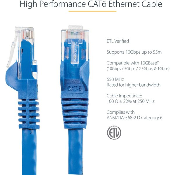StarTech.com 10ft CAT6 Ethernet Cable - Blue Snagless Gigabit - 100W PoE UTP 650MHz Category 6 Patch Cord UL Certified Wiring/TIA - Image 2
