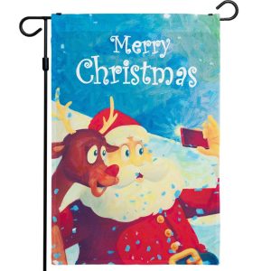 G128 - Christmas Garden Flag, Christmas and Winter Themed Decorations - Santa and Reindeer with Merry Christmas Quote, | 12x18 Inch | Printed 150D Polyester - Rustic Holiday Seasonal Outdoor Flag