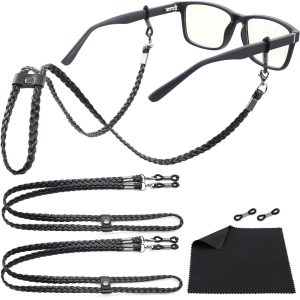 SIGONNA Eye Glass String Strap Holder Premium ECO Leather Glass Strap Eye Glass Chain Holder to Wear Eyeglass Chain for Man Women Eyeglass Strap Lanyard 2 Cords (Black)