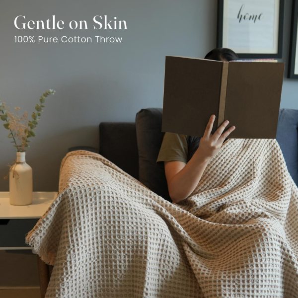 The Fine Living Co. 100% Cotton Waffle Weave Throw Blanket   Lightweight Soft and Breathable Throw Blanket for All Season  Skin Friendly Blanket for Couch Bed Sofa  50”x60” inches Sand - Image 2
