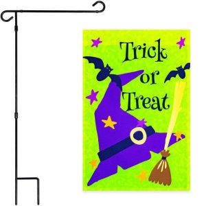 G128 Combo Pack: Garden Flag Stand Black 36x16 Inch & Garden Flag Trick or Treat Purple Witch Hat Green 12x18 Inch