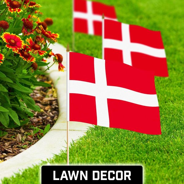 G128 24 Pack Handheld Denmark Danish Stick Flags | 12x18 In | Printed 150D Polyester, Country Flag, Solid Wooden Stick, Spear Gold Tip - Image 2