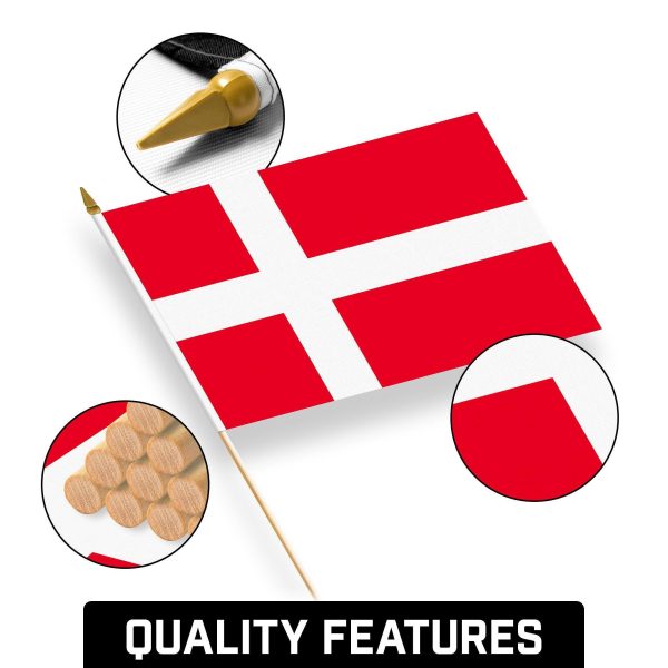 G128 24 Pack Handheld Denmark Danish Stick Flags | 12x18 In | Printed 150D Polyester, Country Flag, Solid Wooden Stick, Spear Gold Tip - Image 7