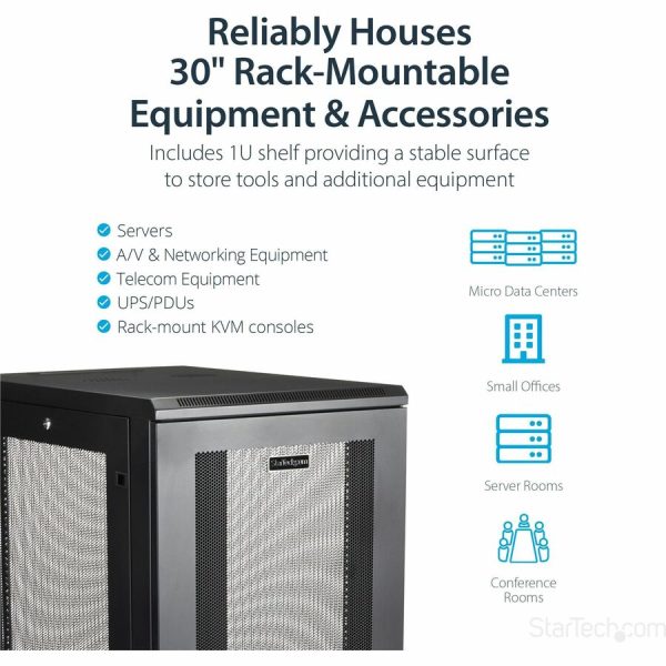 StarTech.com 24U 19" Server Rack Cabinet 4 Post Adjustable Depth 2-30" w/Casters/Cable Management/1U Shelf, Locking Doors and Side Panels - Image 3