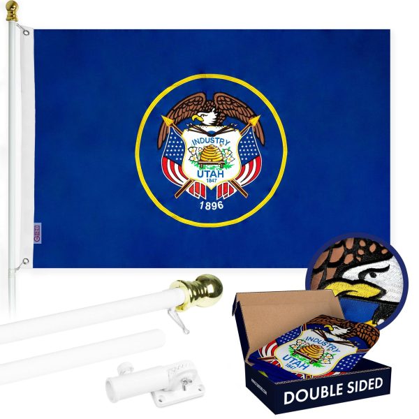 G128 - 6 Feet Tangle Free Spinning Flagpole (White) Utah Double Sided Brass Grommets Embroidered 3x5 ft (Flag Included) Aluminum Flag Pole