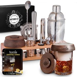 Bartender Kit with Whiskey Smoker  13 pcs Bamboo Stand  Bar Set with Cocktail Shaker Bartending Kit with Essential Bar Accessory Tools Wood Chips Steel