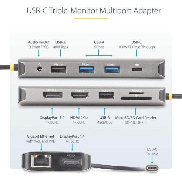 StarTech.com USB-C Triple-Monitor Multiport Adapter, Dual 4K 60Hz + 4K 30Hz HDMI & DP, 4x USB-A, 100W PD Pass-Through, GbE, SD Card Reader - Image 3