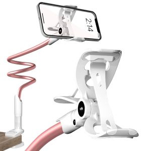 Cell Phone Holder for Bed Gooseneck Bedside Phone Holder Laying Down with Adjustable 360 Clamp Clip and Flexible Long Arm Phone Holder for Desk Stand and Mount (Rose)