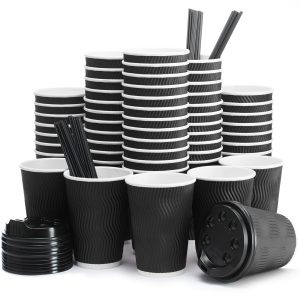 Insulated Disposable Coffee Cups with Lids & Straws 12 oz 100 Packs   Paper Cups for Hot Beverage Drinks To Go Tea Coffee Home Office Car Coffee Shop Party (Black)