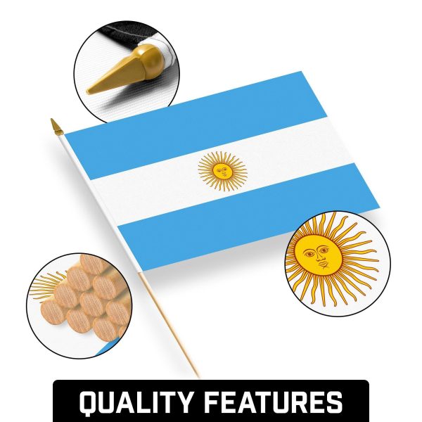 G128 50 Pack Handheld Argentina Argentinian Stick Flags | 12x18 In | Printed 150D Polyester, Country Flag, Solid Wooden Stick, Spear Gold Tip - Image 7