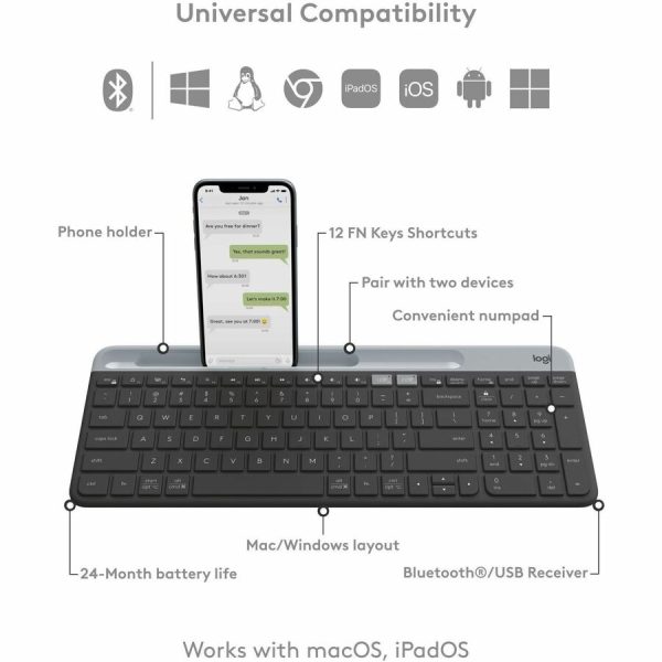 Logitech K585 Multi-Device Slim Wireless Keyboard, Built-in Cradle for device, Bluetooth/Receiver, Easy Switch, Graphite - Image 6