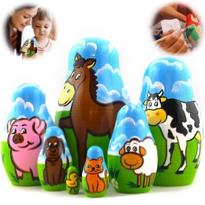 AEVVV Farm Animals Set 7 pcs Wood Nesting Dolls Pet Figurine Set Wooden Matryoshka Stacking Items