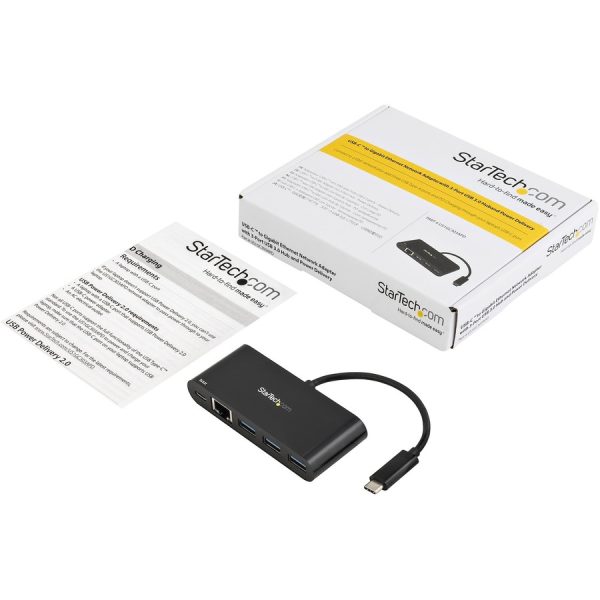 StarTech.com USB-C to Ethernet Adapter with 3-Port USB 3.0 Hub and Power Delivery - USB-C GbE Network Adapter + USB Hub w/ 3 USB-A Ports - Image 4