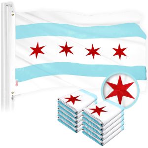 G128 Chicago Flag 2x3 Ft 10-Pack Embroidered 300D Embroidered Stars, Sewn Stripes, Brass Grommets, Indoor/Outdoor, Vibrant Colors, Quality Polyester