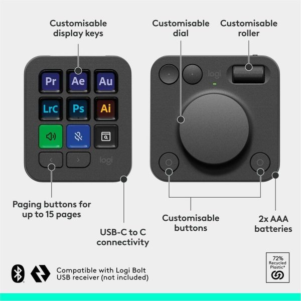Logitech MX Creative Console, Programmable Keypad With 9 Customizable LCD Keys and Control Dial for Graphic Design, Video Editing, Photography, use with Adobe, Zoom, Spotify and more (Graphite) - Image 7