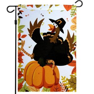 G128 - Home Decorative Thanksgiving Garden Flag, Joyful Pilgrim Turkey with Pumpkin and Maple Leaves Decorations, | 12x18 Inch | Printed 150D Polyester - Rustic Holiday Seasonal Outdoor Flag