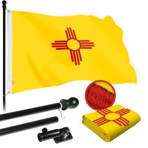 G128 Combo Pack: 5 Ft Tangle Free Spinning Flagpole (Black) & New Mexico Flag 2.5x4 Ft Embroidered 220GSM Spun Polyester, Brass Grommets (Flag Included) Aluminum Flag Pole