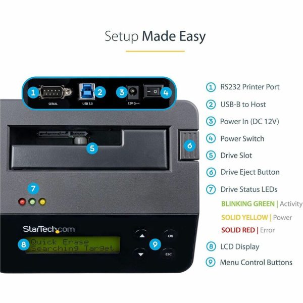 StarTech.com Hard Drive Eraser, Standalone HDD/SSD Sanitizer, 4Kn, Secure Erase Hard Disk Wiper Dock, Hardware Erasing Tool, TAA Compliant - Image 4