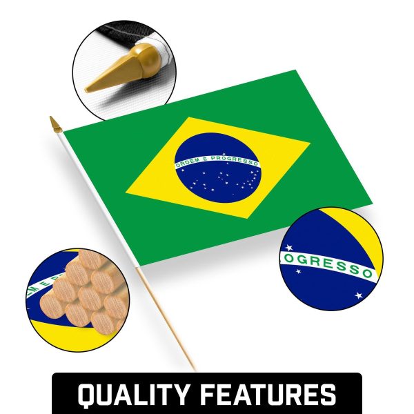 G128 12 Pack Handheld Brazil Brazilian Stick Flags | 12x18 In | Printed 150D Polyester, Country Flag, Solid Wooden Stick, Spear Gold Tip - Image 8