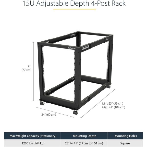 StarTech.com 4-Post 15U Mobile Open Frame Server Rack, 19" Network Rack with Casters, Rolling Rack for Computer/AV/Data/IT Equipment - Image 3