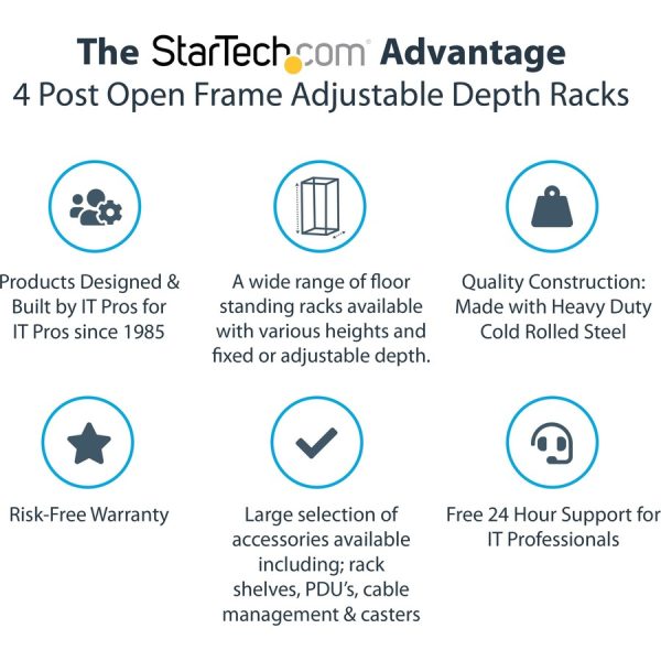StarTech.com 4-Post 15U Mobile Open Frame Server Rack, 19" Network Rack with Casters, Rolling Rack for Computer/AV/Data/IT Equipment - Image 4