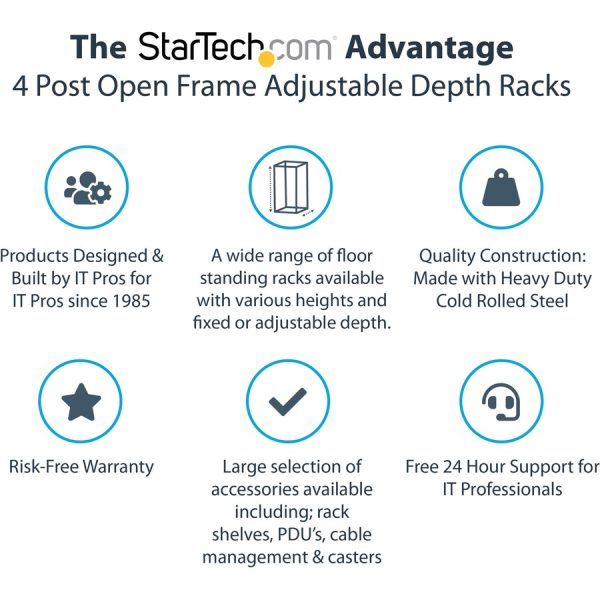StarTech.com 4-Post 18U Mobile Open Frame Server Rack, 19" Network Rack with Casters, Rolling Rack for Computer/AV/Data/IT Equipment - Image 2