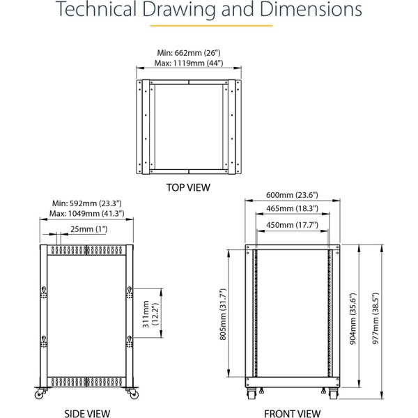 StarTech.com 4-Post 18U Mobile Open Frame Server Rack, 19" Network Rack with Casters, Rolling Rack for Computer/AV/Data/IT Equipment - Image 6