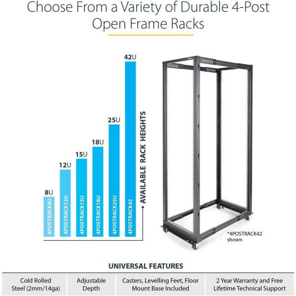 StarTech.com 4-Post 18U Mobile Open Frame Server Rack, 19" Network Rack with Casters, Rolling Rack for Computer/AV/Data/IT Equipment - Image 8