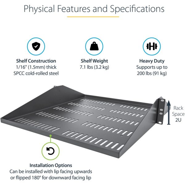 StarTech.com 2U Vented Server Rack Shelf - Center Mount Fixed 20" Deep Cantilever Rackmount Tray for 19" Data/AV/Network w/Cage Nuts - Image 3