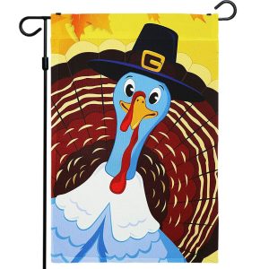G128 - Home Decorative Thanksgiving Garden Flag, Joyful Pilgrim Turkey Decoration, | 12x18 Inch | Printed 150D Polyester - Rustic Holiday Seasonal Outdoor Flag