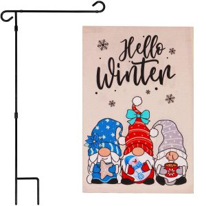 G128 Combo Pack: Garden Flag Stand Black 36 in x 16 in & Garden Flag Hello Winter Decoration Three Cozy Gnomes 12"x18" Double-Sided Burlap Fabric