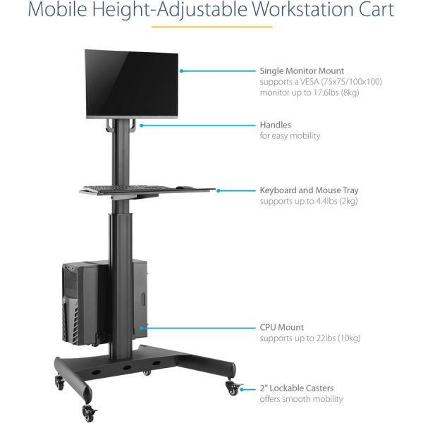 StarTech.com Mobile Standing Workstation with Monitor Mount, CPU/PC Holder, Height Adjustable Desktop Computer Cart, Standing Workstation - Image 3