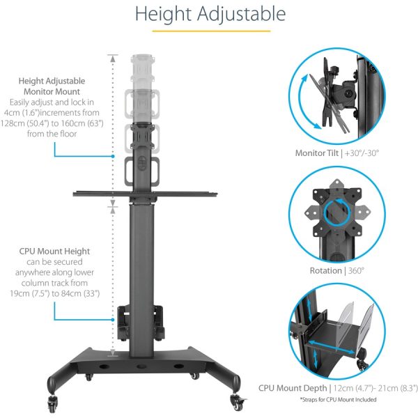 StarTech.com Mobile Standing Workstation with Monitor Mount, CPU/PC Holder, Height Adjustable Desktop Computer Cart, Standing Workstation - Image 4