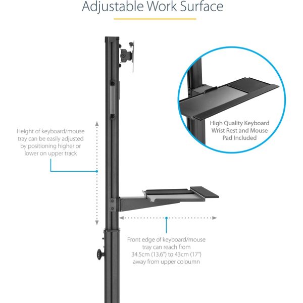 StarTech.com Mobile Standing Workstation with Monitor Mount, CPU/PC Holder, Height Adjustable Desktop Computer Cart, Standing Workstation - Image 5