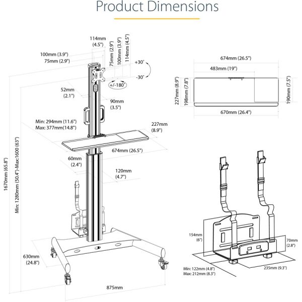 StarTech.com Mobile Standing Workstation with Monitor Mount, CPU/PC Holder, Height Adjustable Desktop Computer Cart, Standing Workstation - Image 8