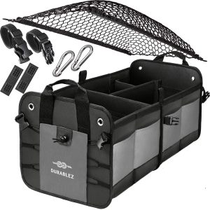 Trunk Organizer with Covering Net Attachable Non Slip Pads and Stainless Hooks Two Shades of Gray
