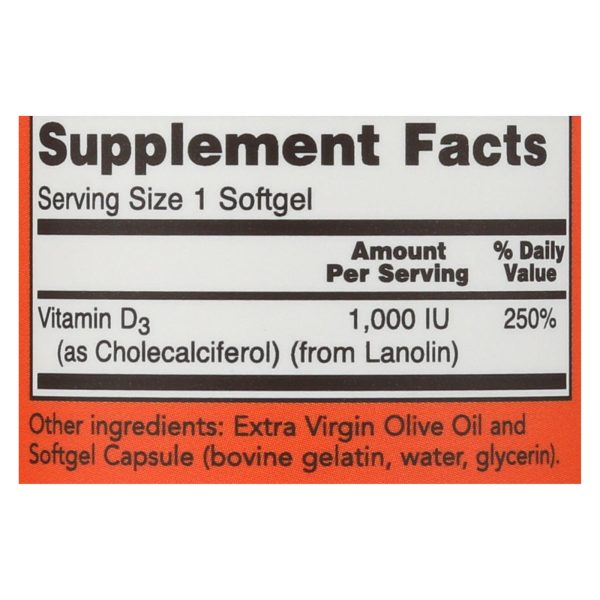 Now Foods - Vitamin D-3 1000iu - 1 Each-180 SGEL - Image 2