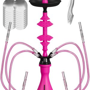 Hookah Set With Everything 4 Hose Pink Hookah 4 Hose Set – Pink Hookah Set Hookah Set 4 Hose with 50x Foil Big Silicone Bowl 10x Tips 4x Mouthpiece 4x Hookah Hose Tongs Hookah Kit