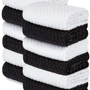 [12 Pack] Cotton Kitchen Towels   Waffle Weave for Embroidery Absorbent Terry Cloth Dish Towels for Washing Hand and Drying Dishes Rags 15x26 Inches Black White