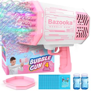 Bubble Machine Blaster   Pink Bubble Gun for Kids Adults Automatic Bubble Machine Gun with 69 Holes LED Lights 5000 Bubbles per Minute Funny Toy Bubble Blaster Gun for Outdoor Activity