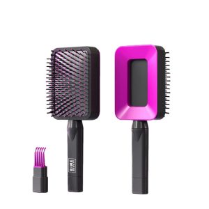 3D Self Cleaning Deluxe Rectangular Brush | Self Cleaning Hair Brush for Women | Detangling Hair Comb for All Hair Types (Rose Red)
