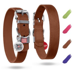 WAUDOG Long Lasting Leather Dog Collar for Large Dogs Medium & Small Dogs   Adjustable Classic Puppy Collars for Large Breed Dogs   Boy & Girl Dog Collars with Durable Buckle D Ring & QR Dog Tag