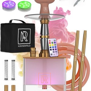 Rose Gold Hookah Set 2 Hose YADO Square Hookah To Go with Hookah Charcoal Holder Heat Management Device and Big Rose Silicone Hookah Bowl and Bag for Shisha Portable Hookah Set with Everything