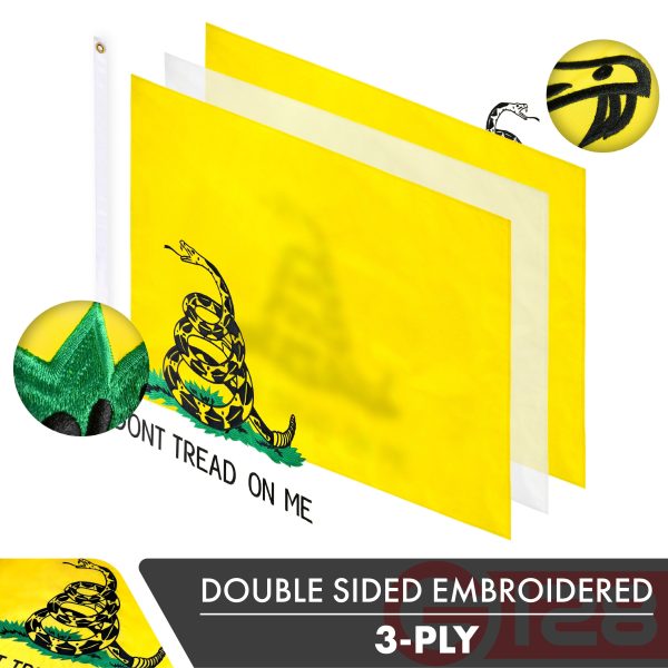 G128 10 Pack: Gadsden Don't Tread On Me Flag | 1x1.5 Ft | Double ToughWeave Series Double Sided Embroidered 210D Polyester | Historical Flag, Embroidered Design, Brass Grommets, Heavy Duty, 3-ply - Image 2