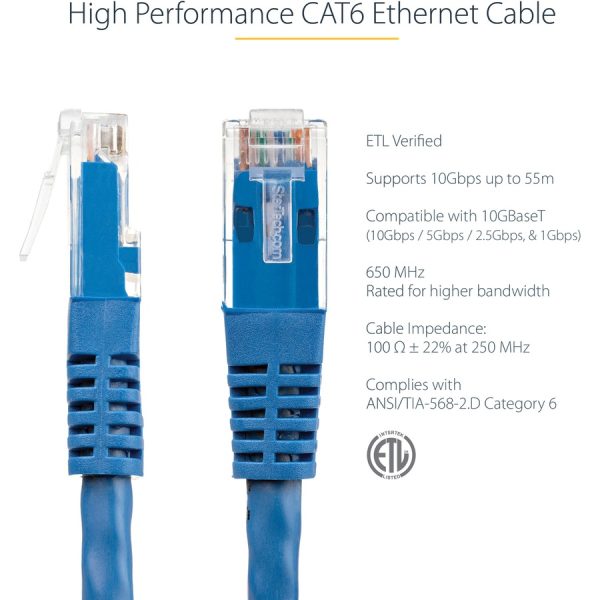 StarTech.com 7ft CAT6 Ethernet Cable - Blue Molded Gigabit - 100W PoE UTP 650MHz - Category 6 Patch Cord UL Certified Wiring/TIA - Image 2